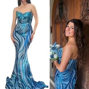 Portia and Scarlett Sequin Embellished Blue Mermaid Gown Dress Gown Size 8